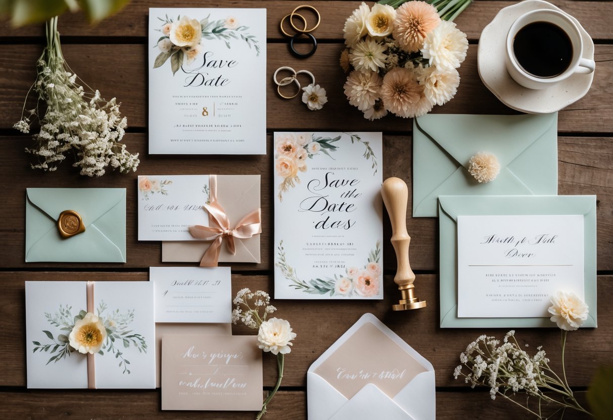 Flat lay of wedding save the date cards, dried flowers, wedding rings, and a cup of coffee on a wooden table.