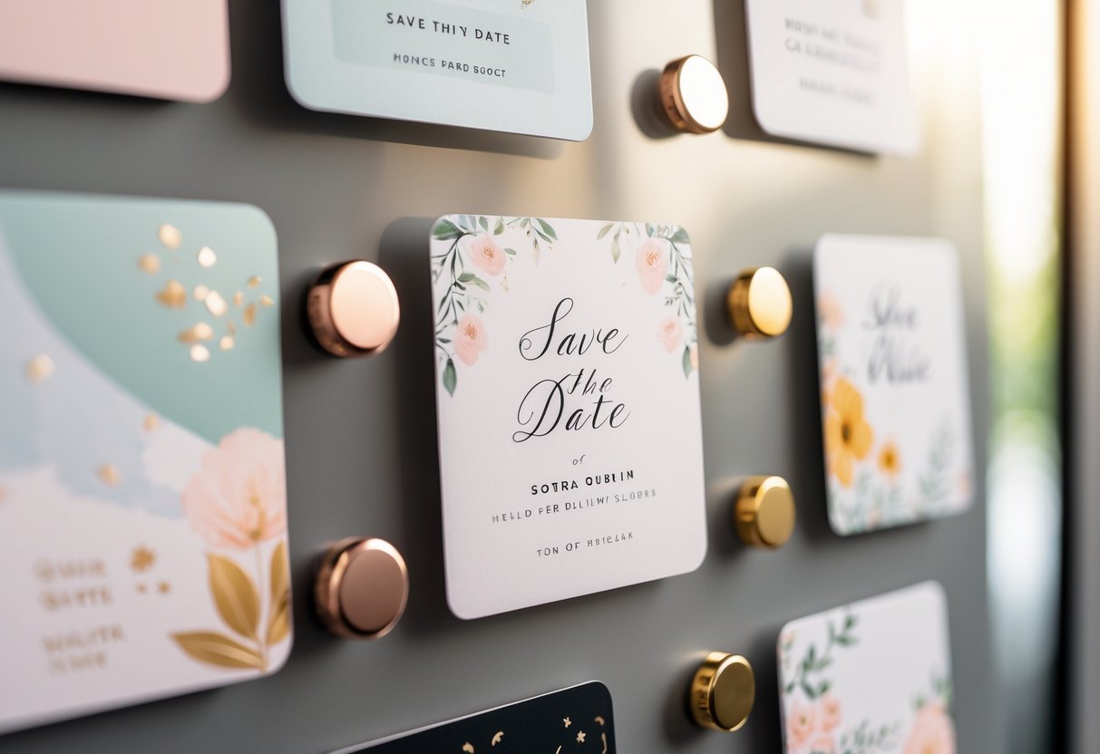 Magnetic save the date cards arranged neatly on a refrigerator with decorative magnets.