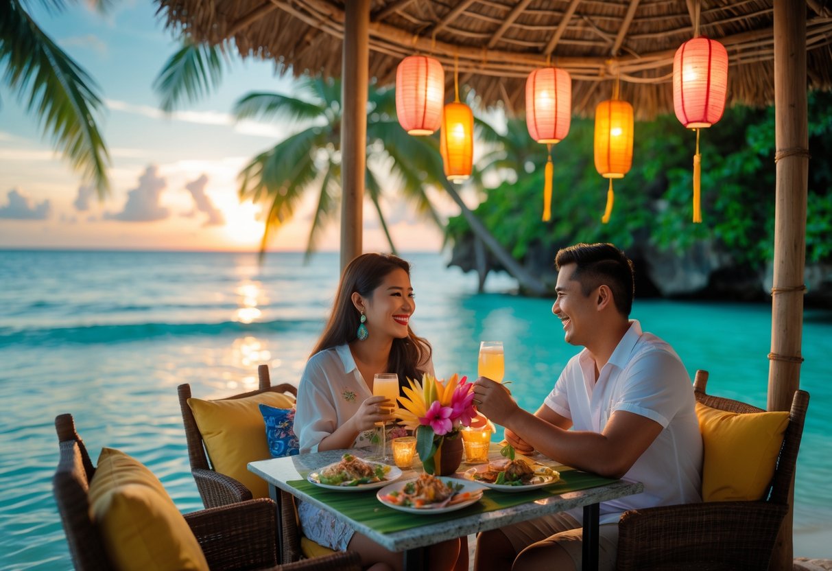 A couple enjoying a romantic outdoor dinner on a tropical beach in the Philippines during sunset.