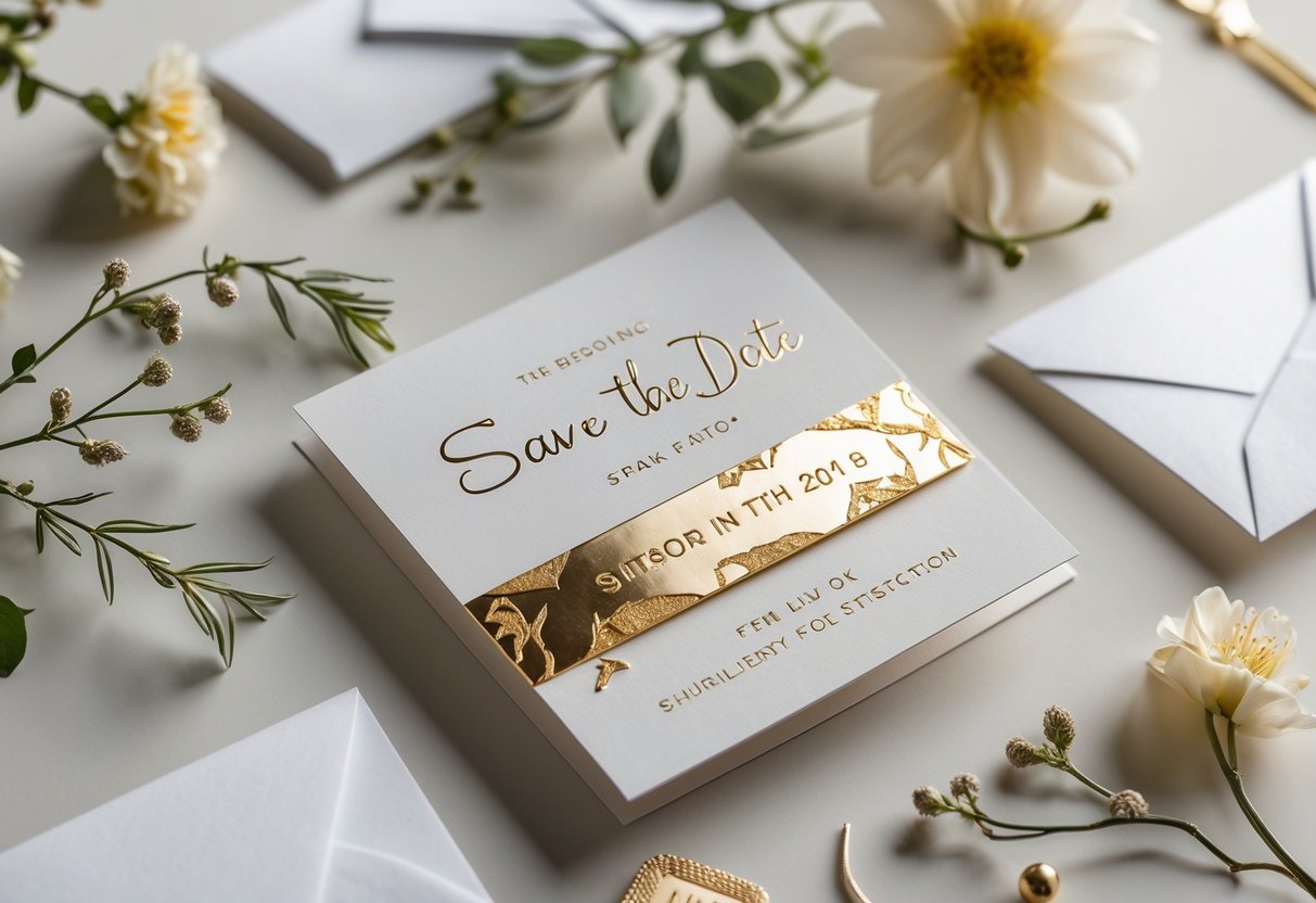 Close-up of elegant save the date cards with metallic foil accents surrounded by flowers and stationery items on a neutral background.