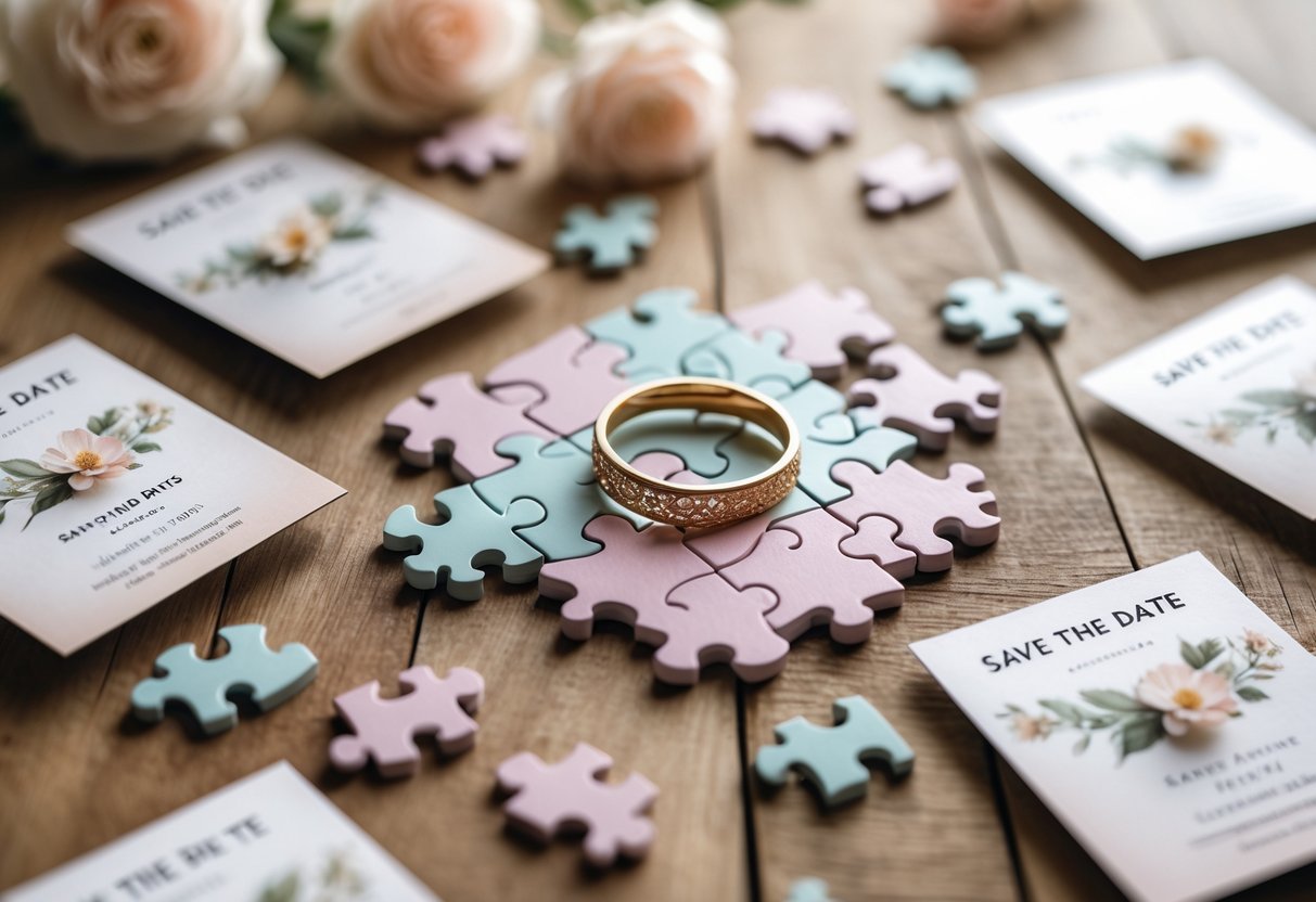 A wooden table with scattered pastel puzzle pieces and a partially completed heart-shaped puzzle surrounded by decorative save the date cards.