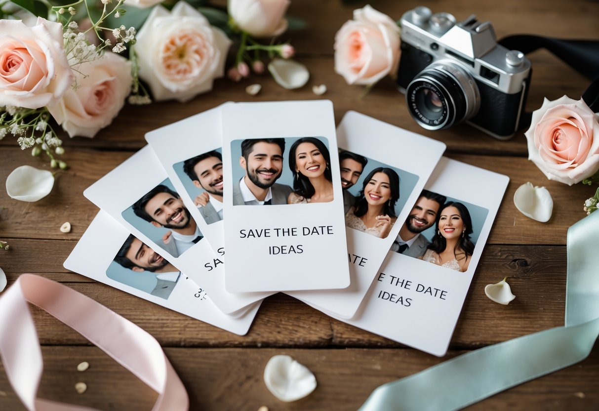 Photo booth style photo strips showing a couple in various joyful poses arranged on a wooden table with wedding decorations around them.