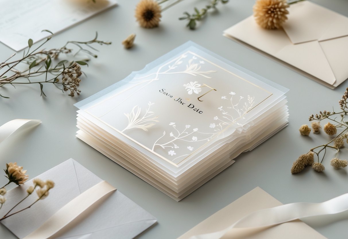 A set of semi-transparent vellum overlay cards arranged with dried flowers and stationery on a light surface.