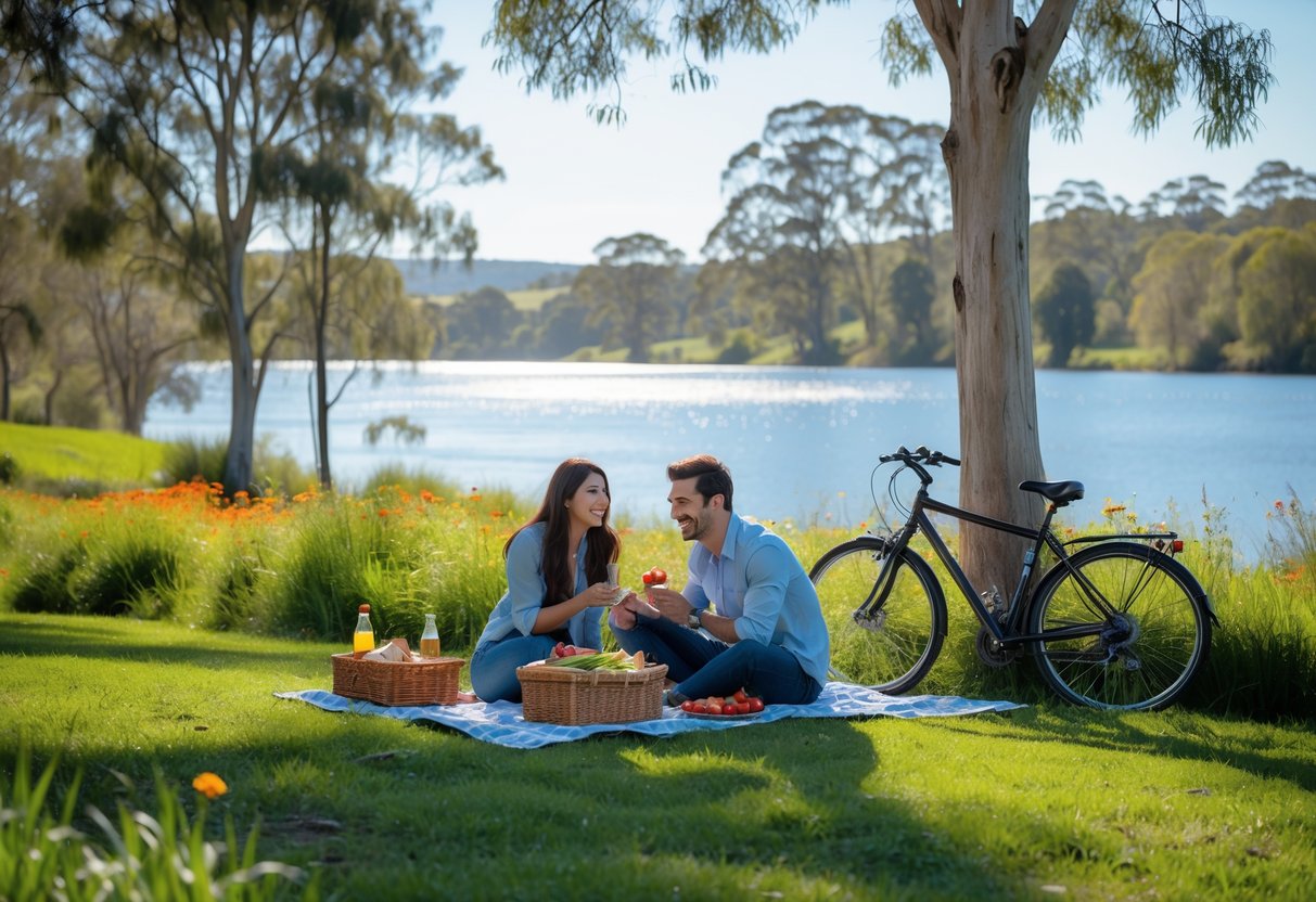 A young couple enjoying a picnic near a river in Penrith surrounded by trees and hills.