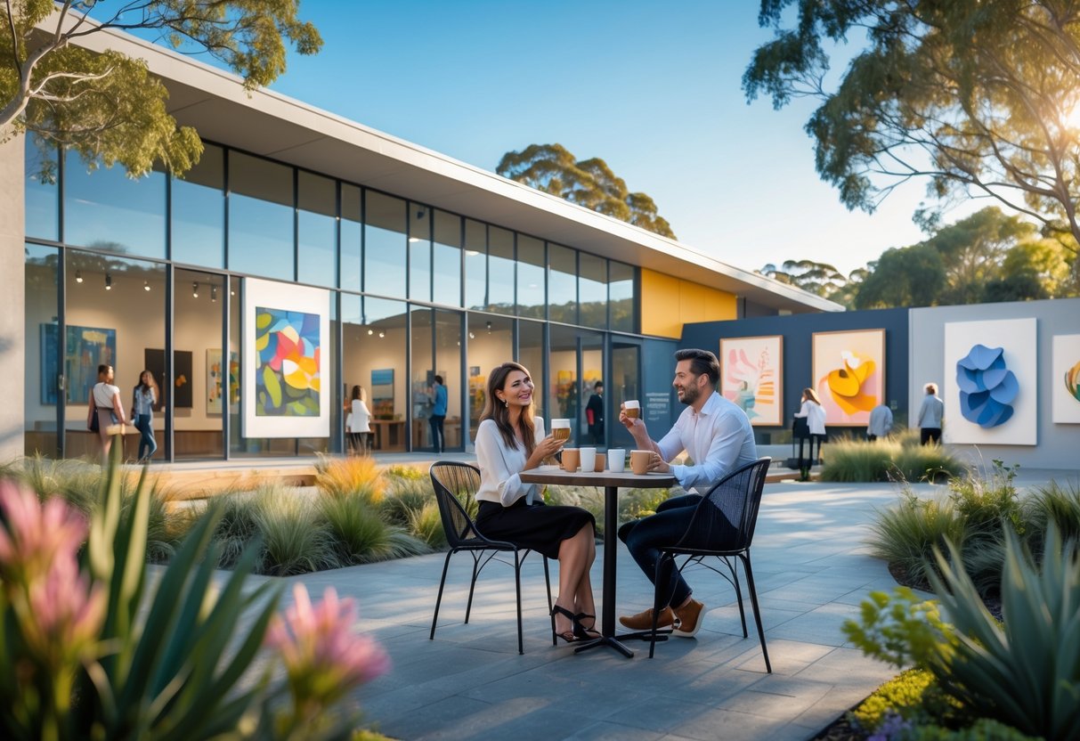 A couple enjoying coffee outside Penrith Regional Gallery and Cafe surrounded by greenery and sculptures.