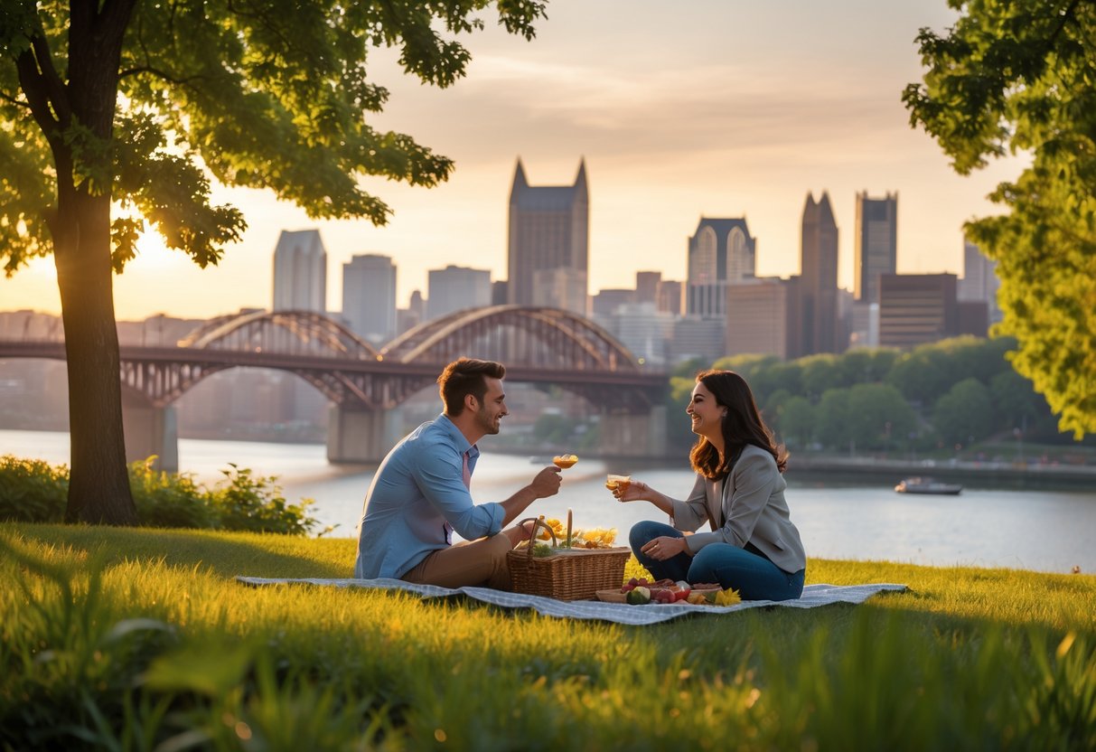 A couple having a picnic at sunset in a park with the Pittsburgh city skyline and bridges in the background.