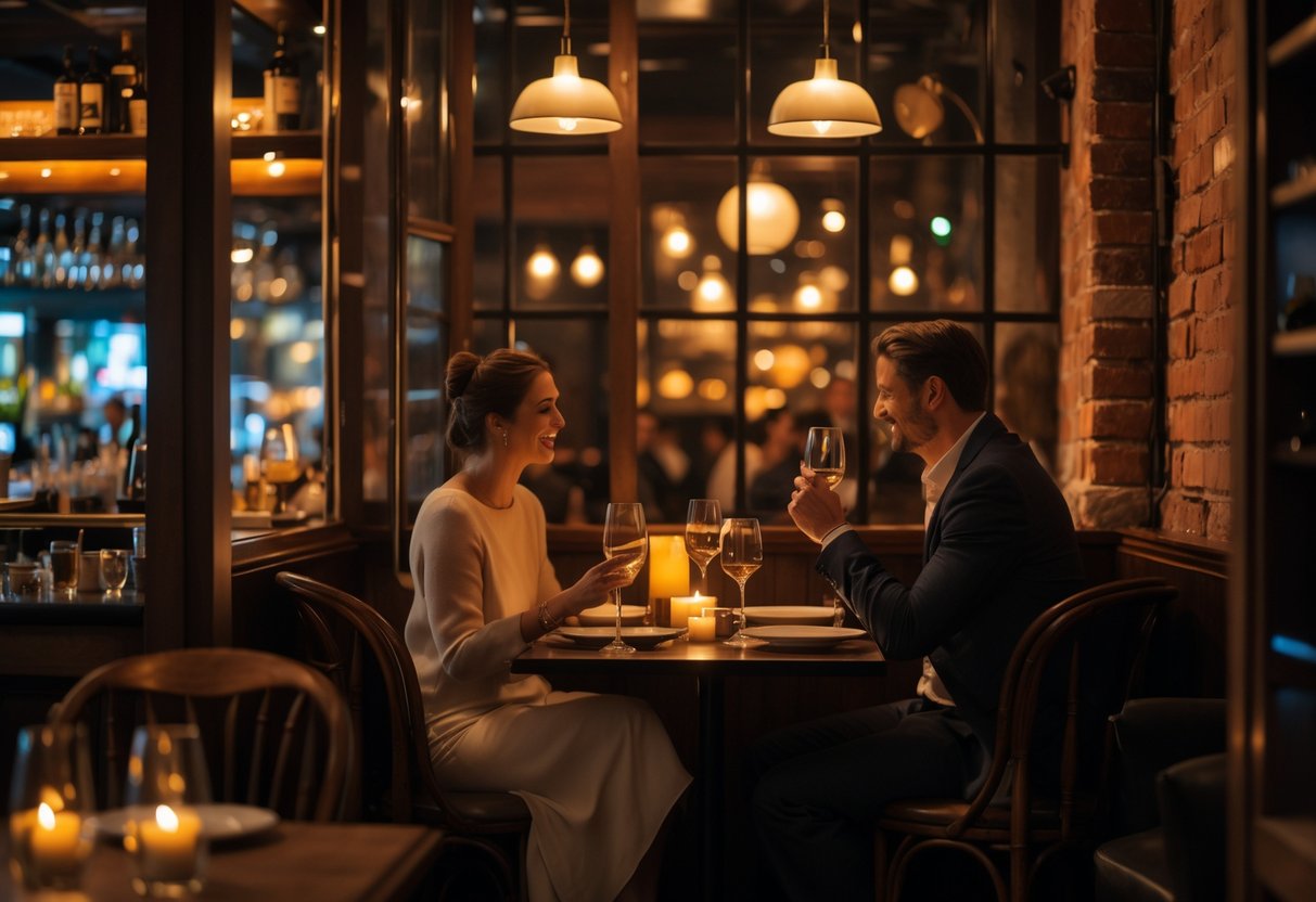 A couple enjoying a romantic dinner at a cozy restaurant with warm lighting and rustic decor.