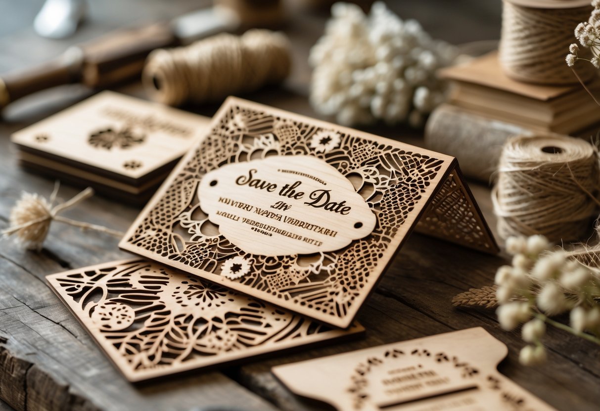Close-up of laser-cut wooden cards with intricate patterns on a wooden table surrounded by dried flowers and twine.