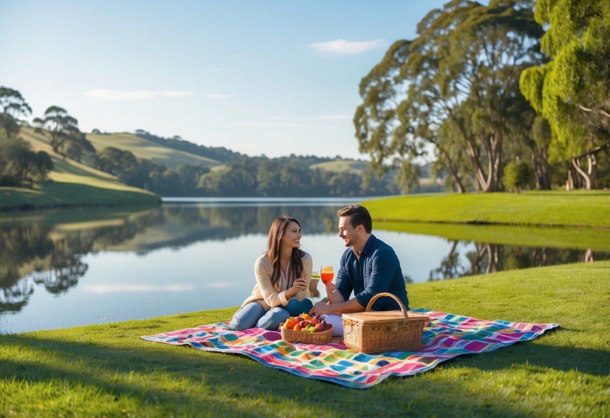 A couple enjoying a picnic on a blanket by a calm lake surrounded by green trees and hills.