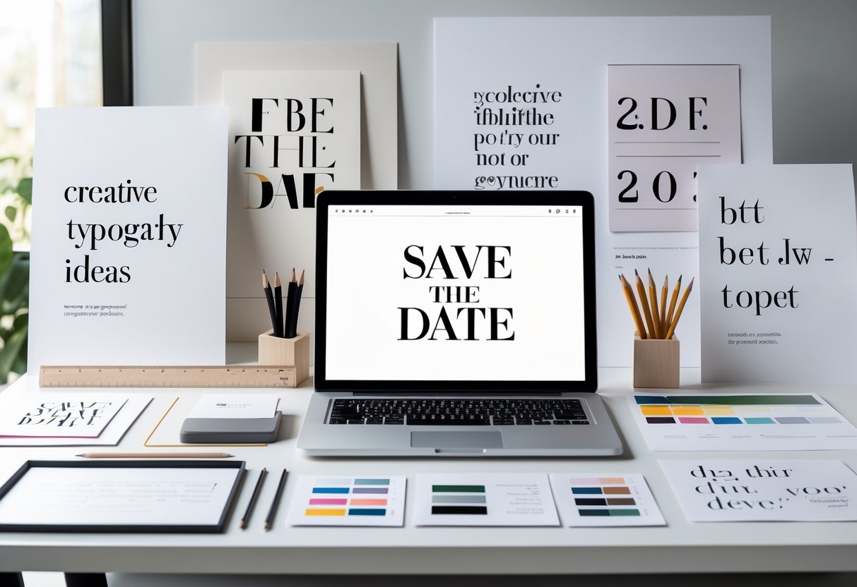 A workspace with design tools, paper samples, and a laptop displaying typography layouts, arranged for creating save the date designs.