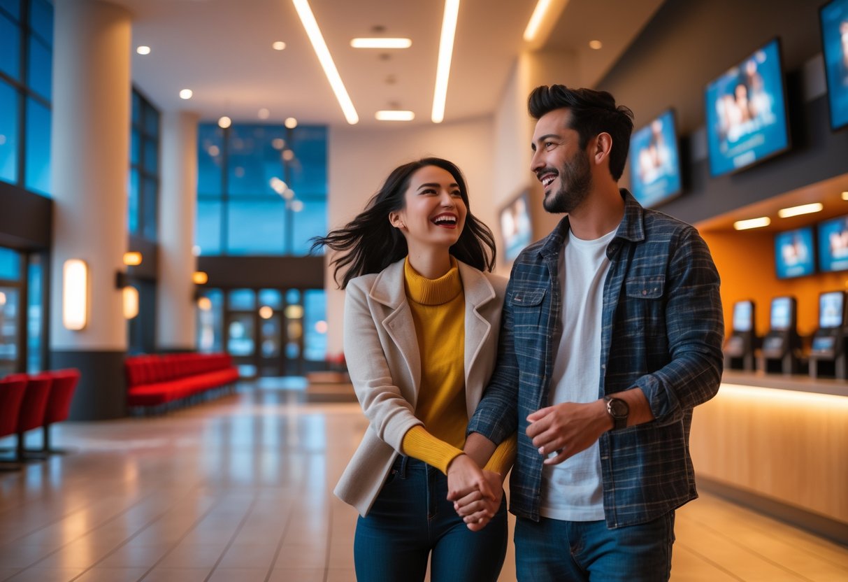 A young couple smiling and holding hands inside a modern movie theater lobby.