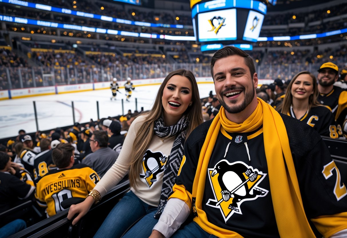 A young couple wearing Pittsburgh Penguins jerseys cheer together at a hockey game inside a crowded arena.