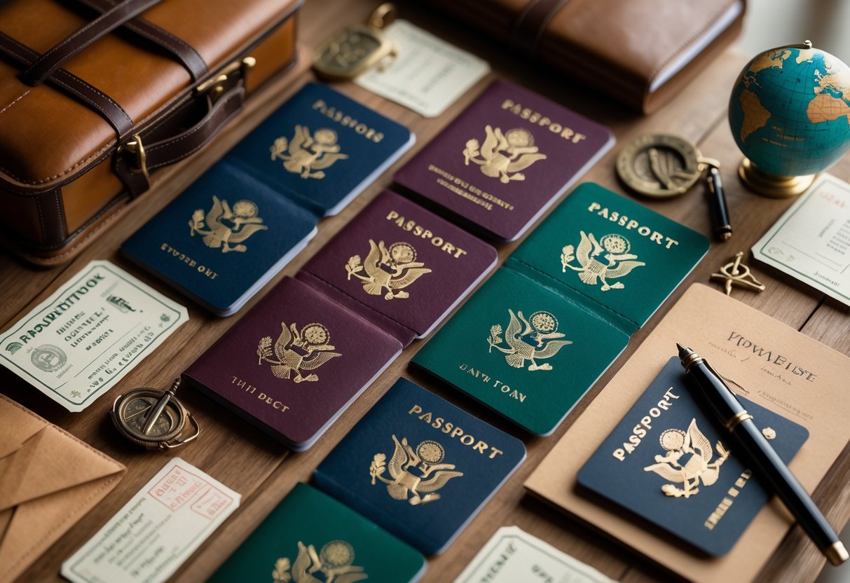 Flat lay of passport-style travel invitations with travel accessories on a wooden table.