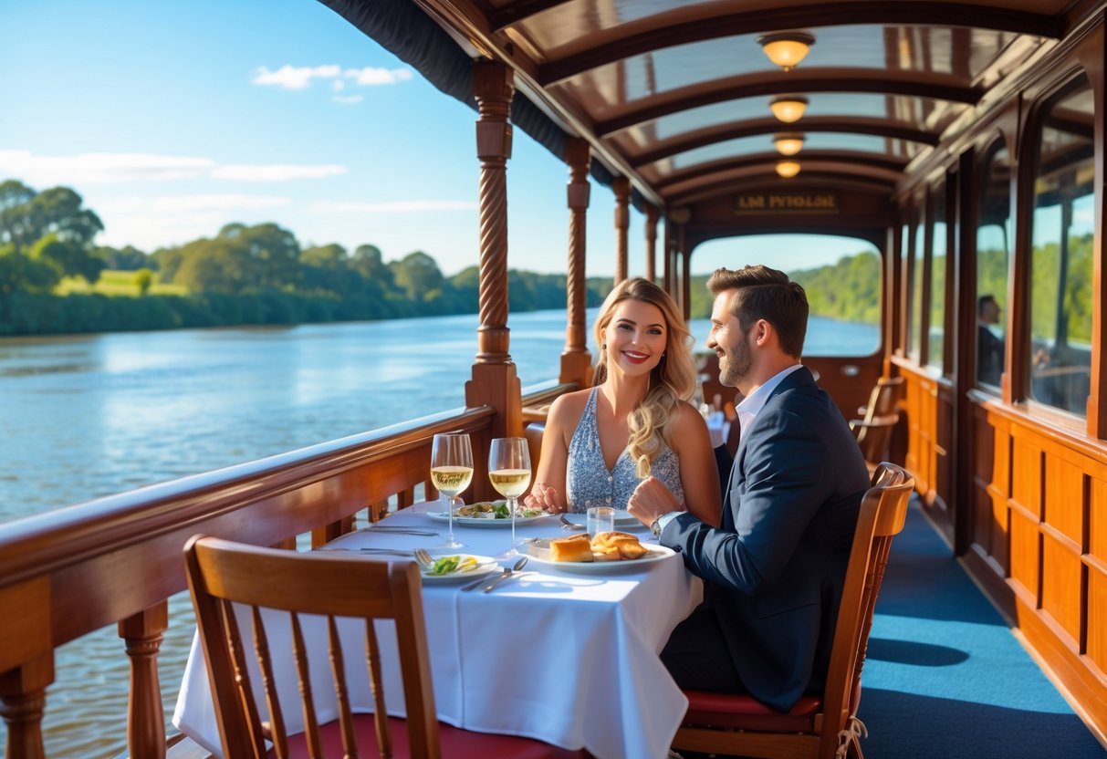 A couple enjoying a daytime river cruise on a wooden paddlewheeler boat surrounded by green trees and calm water.