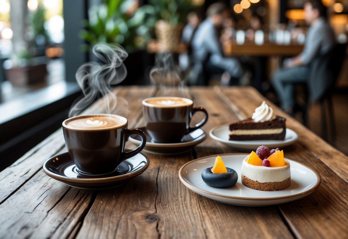Two cups of espresso and plates with chocolate cake and fruit tart on a wooden table inside a cozy café.