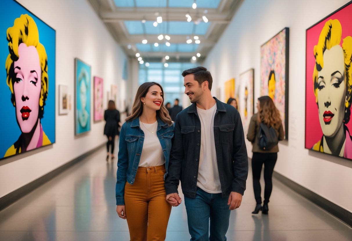 A young couple walking hand-in-hand inside an art museum surrounded by colorful pop art on the walls.