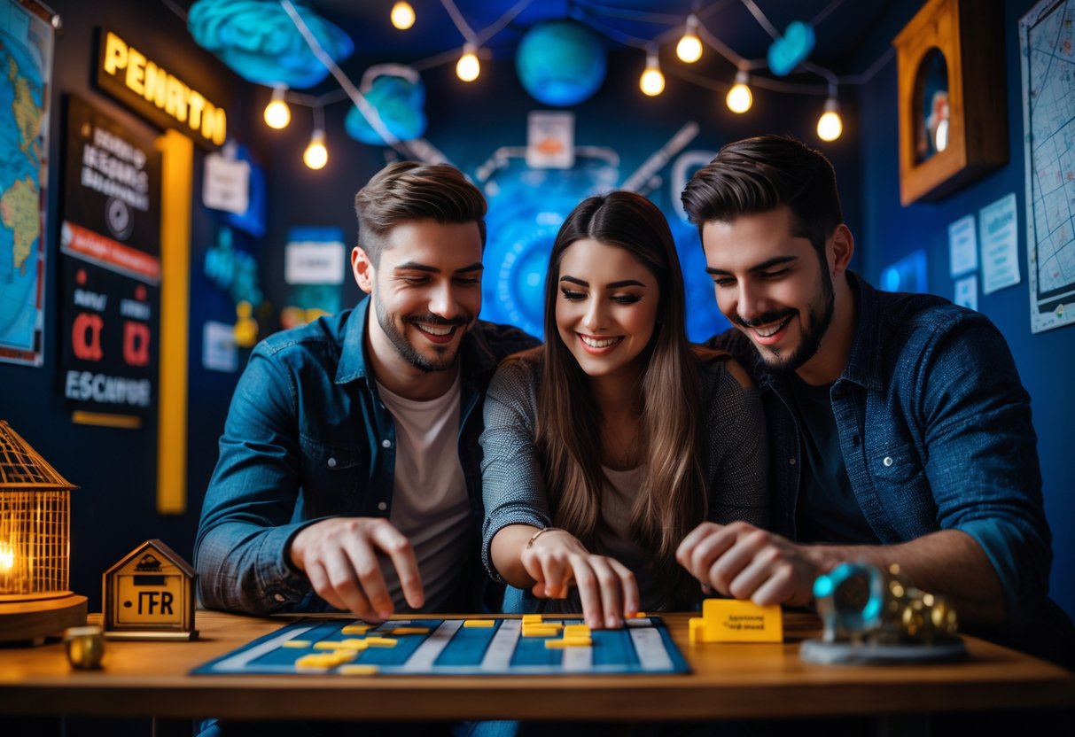 A young couple working together to solve puzzles in an escape room.