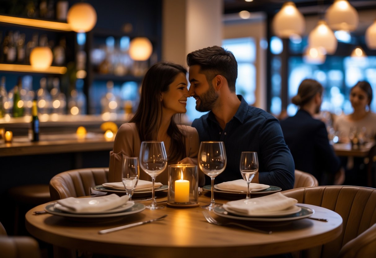 A couple enjoying a romantic dinner at a cozy restaurant with warm lighting and modern decor.