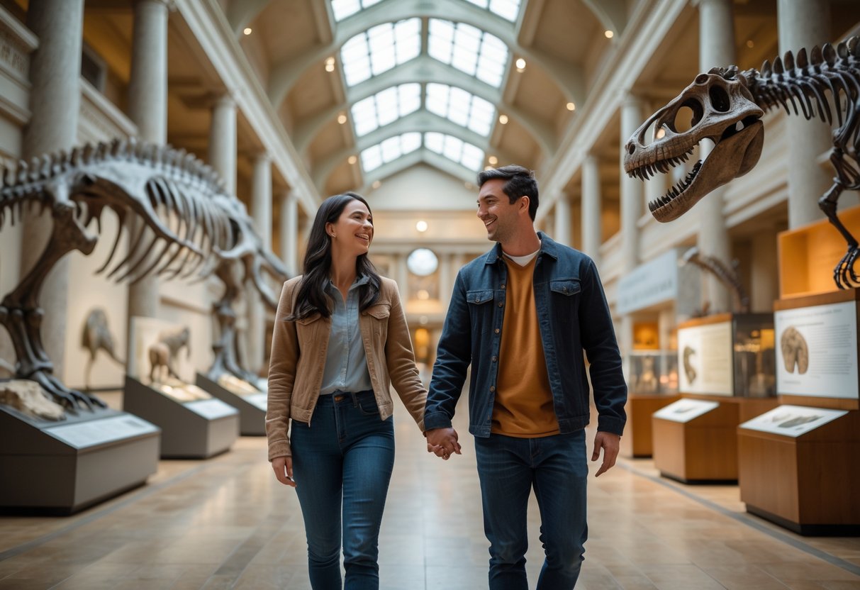 A young couple happily walking through a museum gallery with dinosaur skeletons and natural history exhibits.