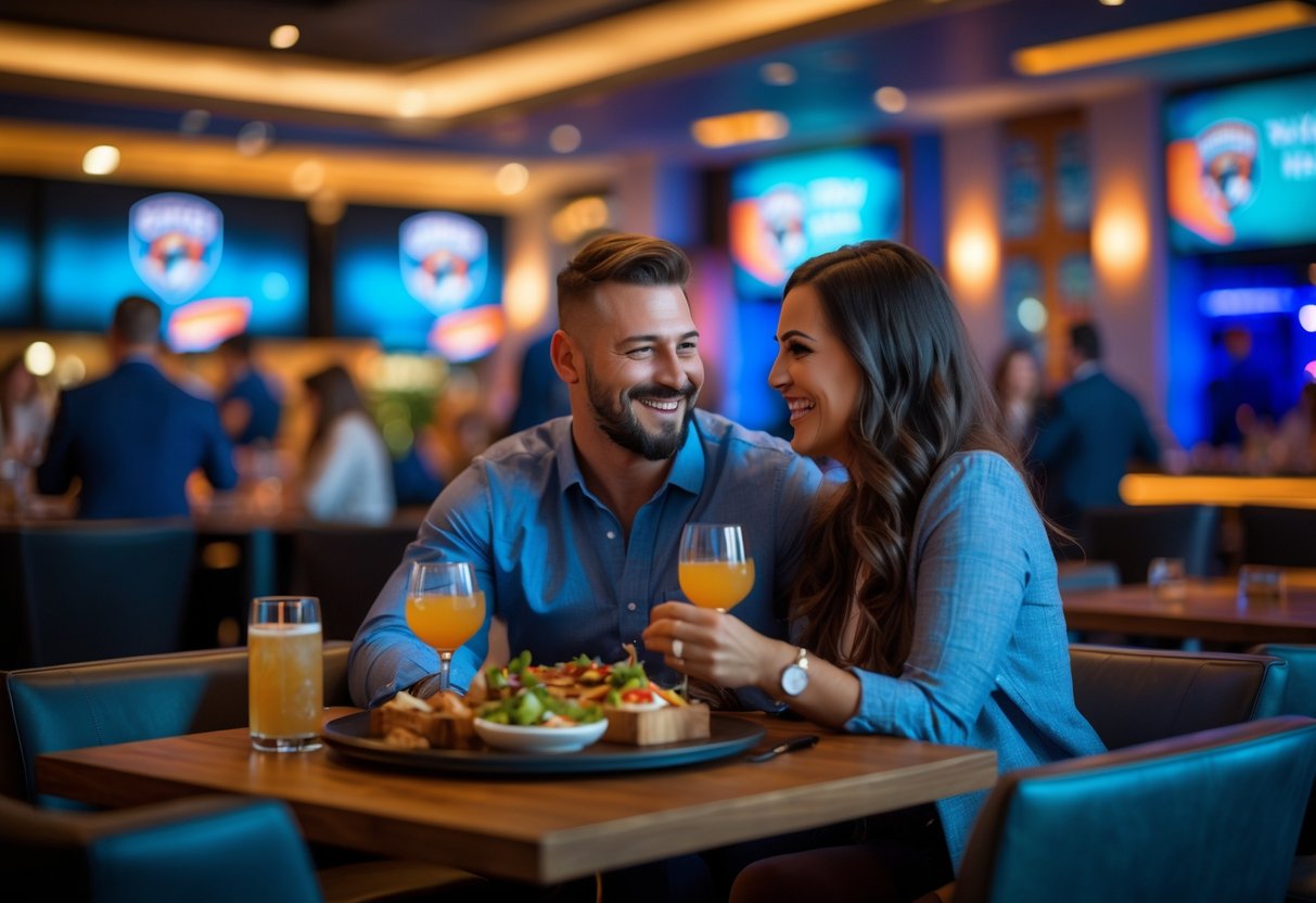 A couple smiling and talking while seated at a table in a lively indoor club setting with other people in the background.