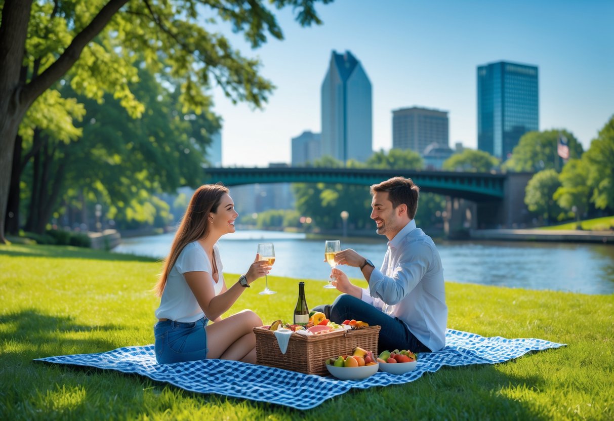 A couple having a picnic on a blanket in a green park with rivers and a fountain in the background.