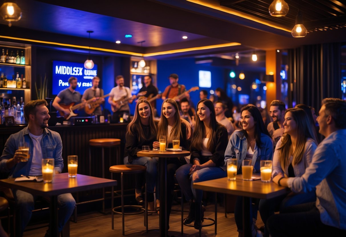 People enjoying live music at a cozy bar with warm lighting and a small band performing on stage.