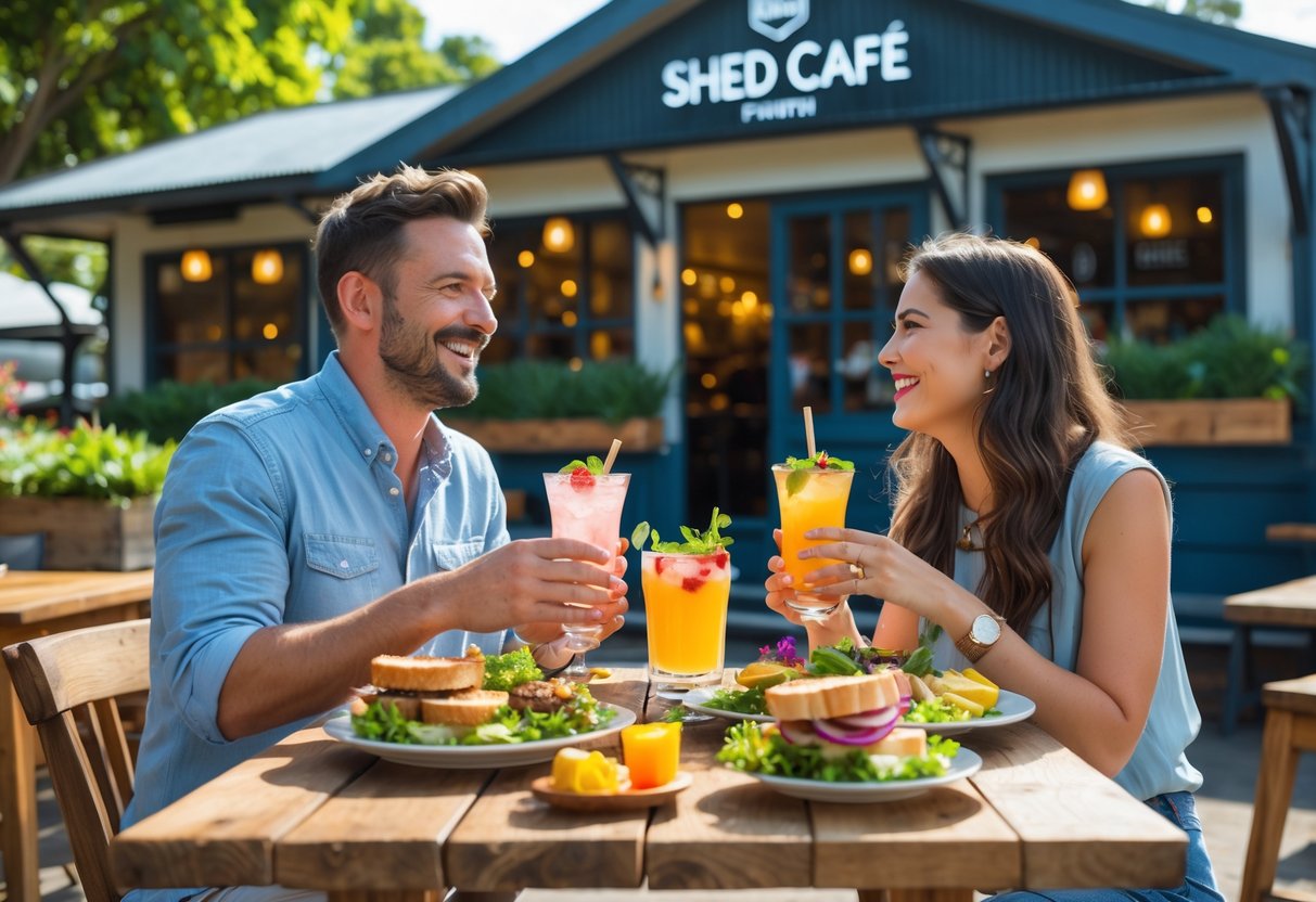 A couple enjoying lunch together outdoors at a cafe surrounded by greenery.