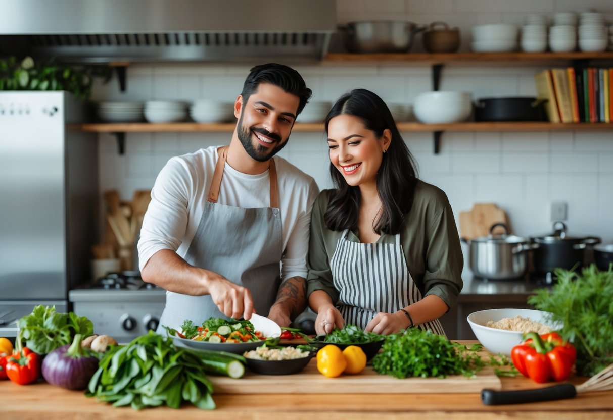 A couple cooking together in a bright kitchen, preparing fresh ingredients on a wooden countertop.