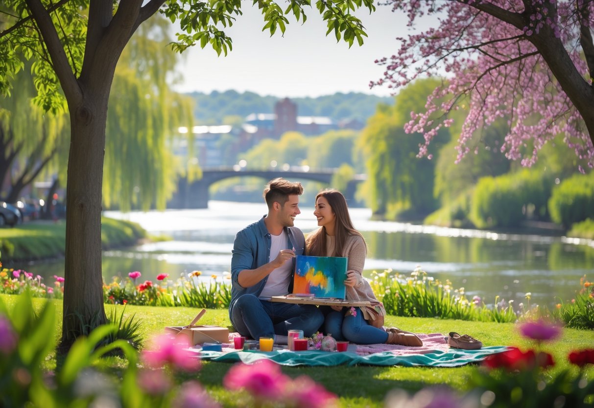 A young couple enjoying a picnic near a river in a green park with flowers and trees, with a town and hills visible in the background.