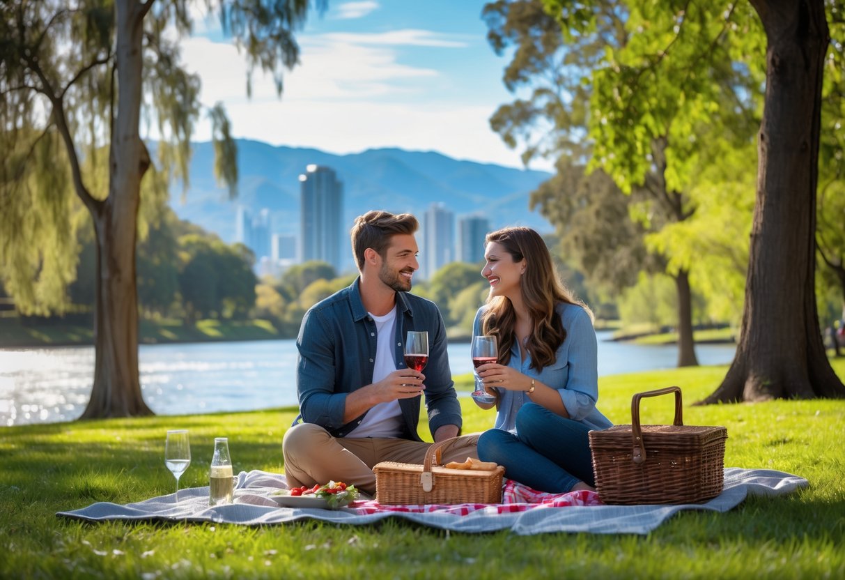 A couple having a picnic together in a green park near a river with mountains in the background.