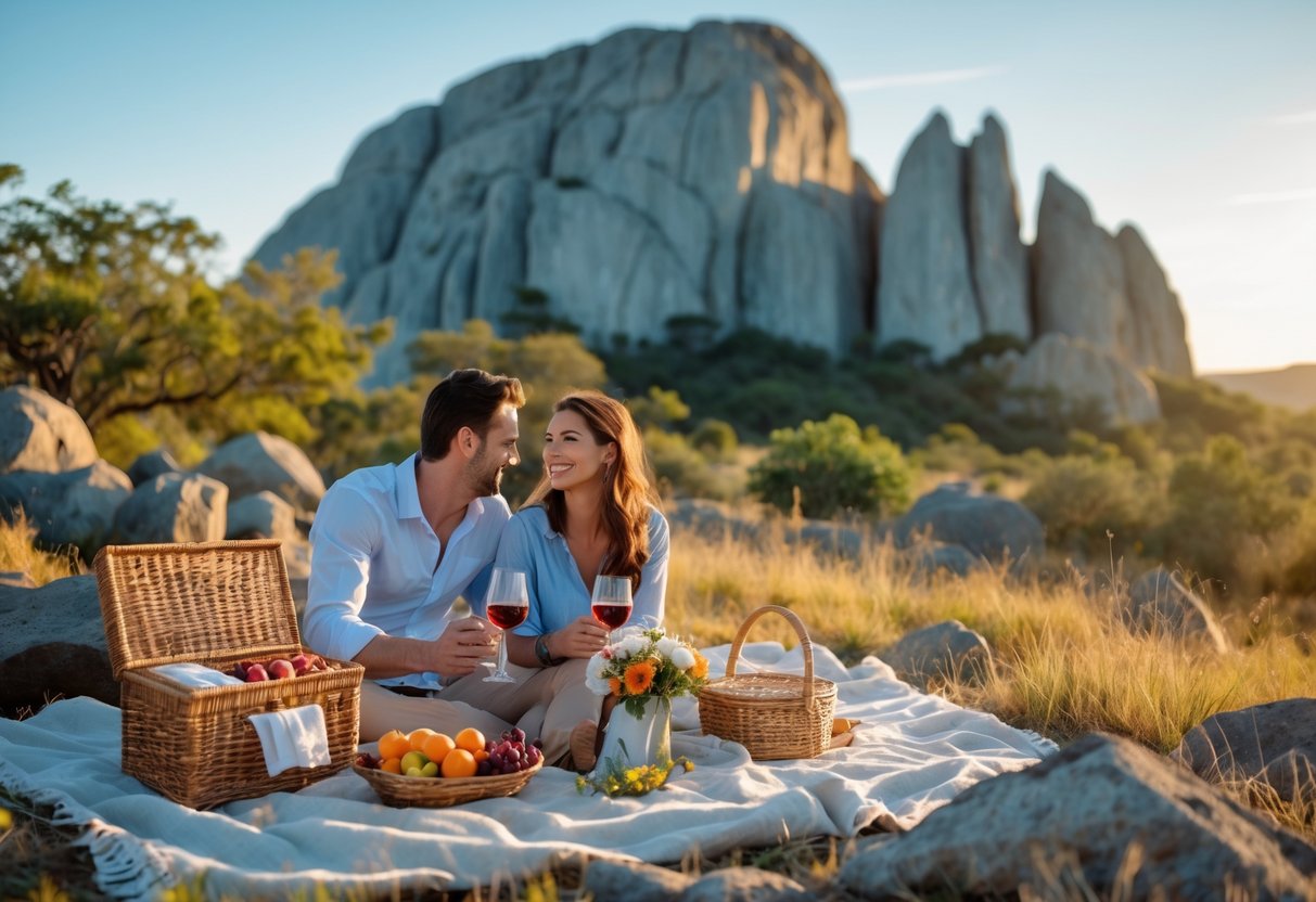 A couple having a picnic on a blanket near Paarl Rock with rocky terrain and greenery in the background under a clear sky.