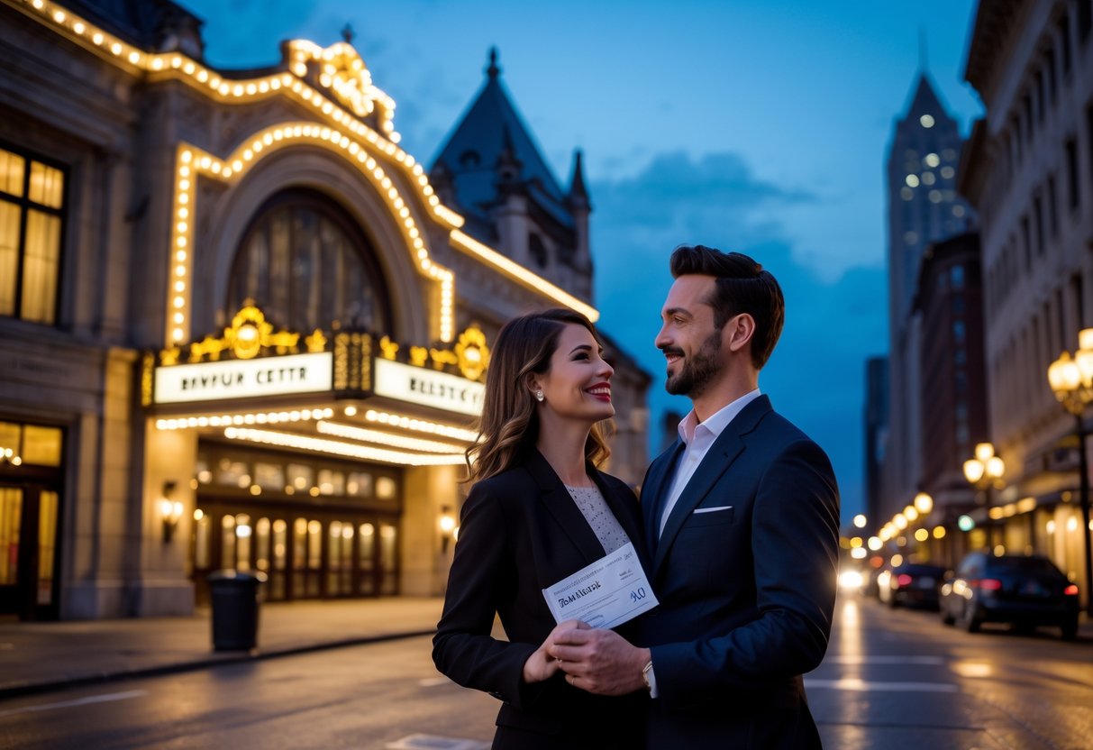 A couple dressed for an evening out stands together outside the illuminated Benedum Center theater in Pittsburgh at dusk.