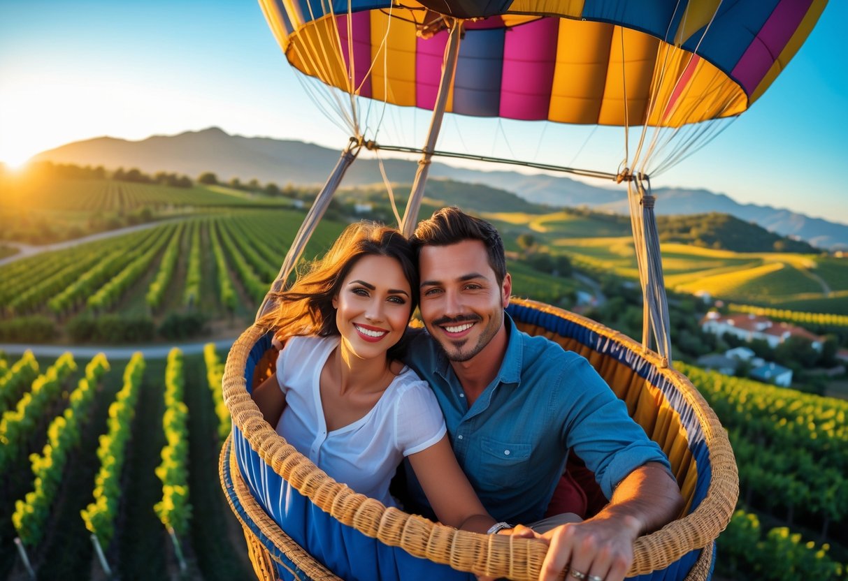 A couple enjoying a hot air balloon ride over vineyards and hills with clear skies.