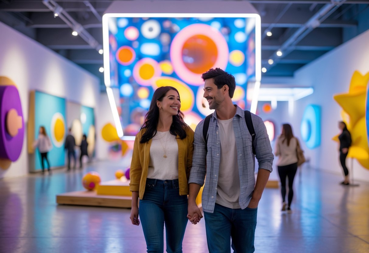 A young couple holding hands and enjoying an art installation inside a modern museum.