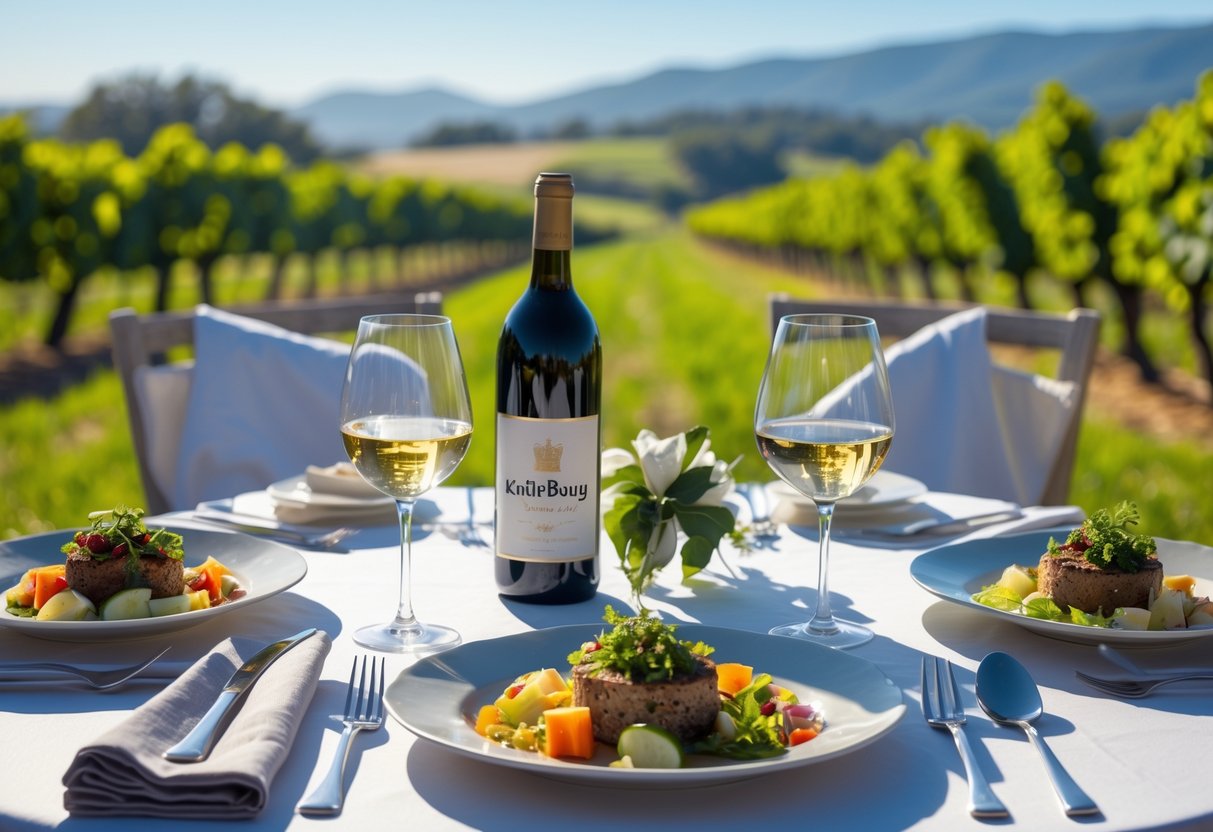 An outdoor lunch table set for two with plated meals and glasses of red and white wine, overlooking a green vineyard under a clear sky.