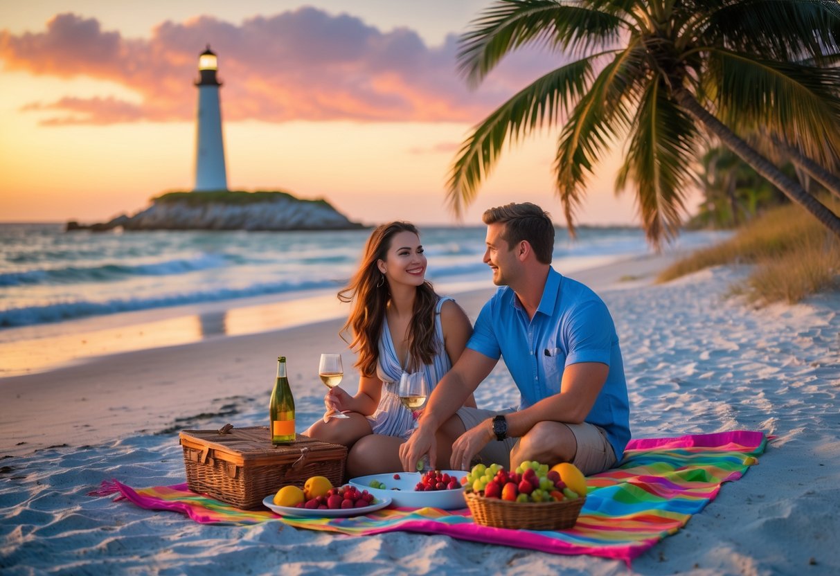 A young couple enjoying a sunset picnic on a sandy beach in Pensacola, Florida, with palm trees and a lighthouse in the background.