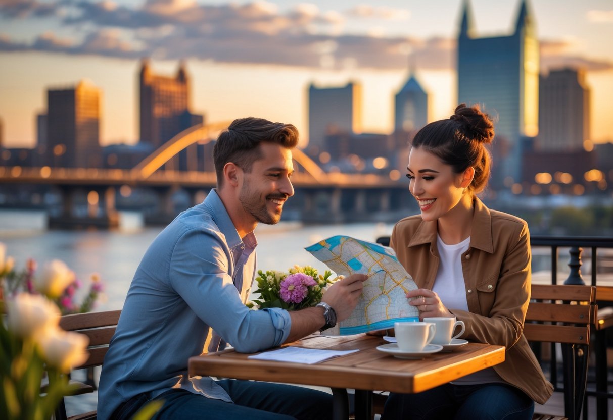 A couple sitting at an outdoor café table near the Pittsburgh skyline, looking at a map together and smiling.