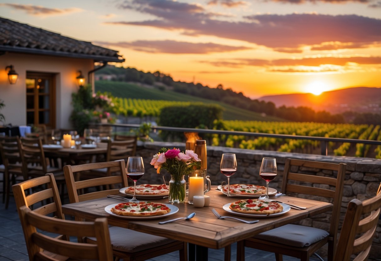 A couple enjoying a romantic sunset dinner outdoors at a pizza bistro with vineyard hills in the background.