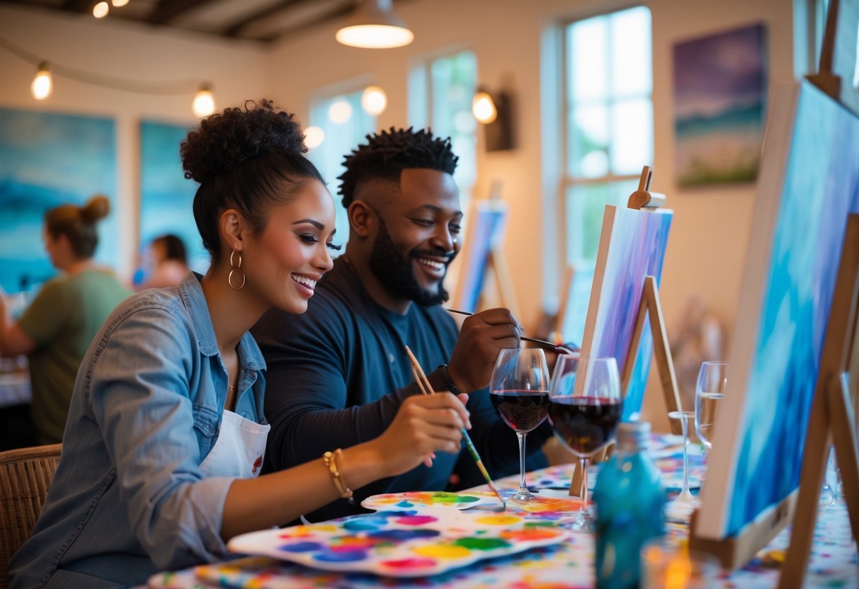 A couple painting together at a studio table with wine and art supplies, enjoying a date night.