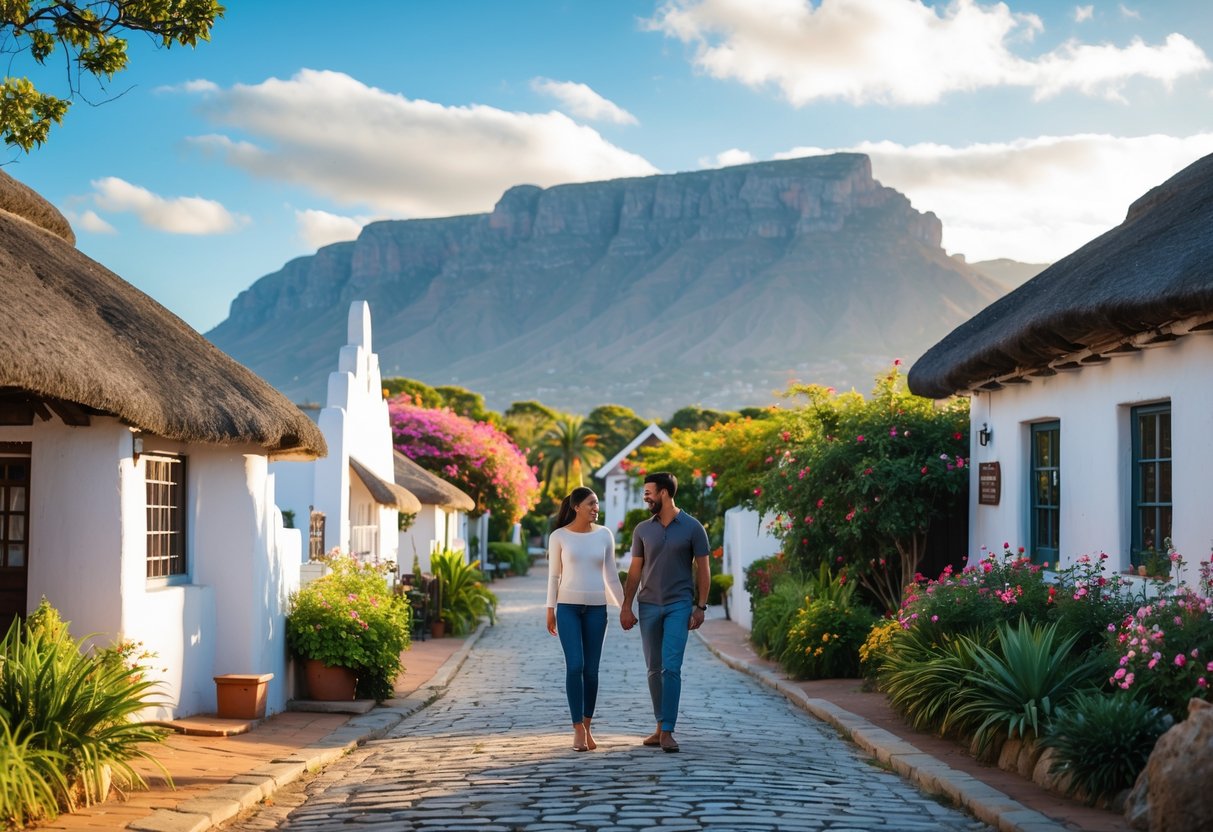 A couple walking hand in hand along a cobblestone path in a historical town with traditional buildings and mountains in the background.