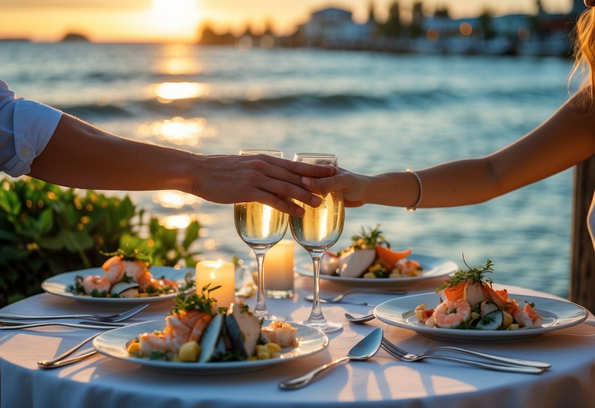 A romantic outdoor dinner table set for two near the water at sunset with seafood dishes and soft lighting.