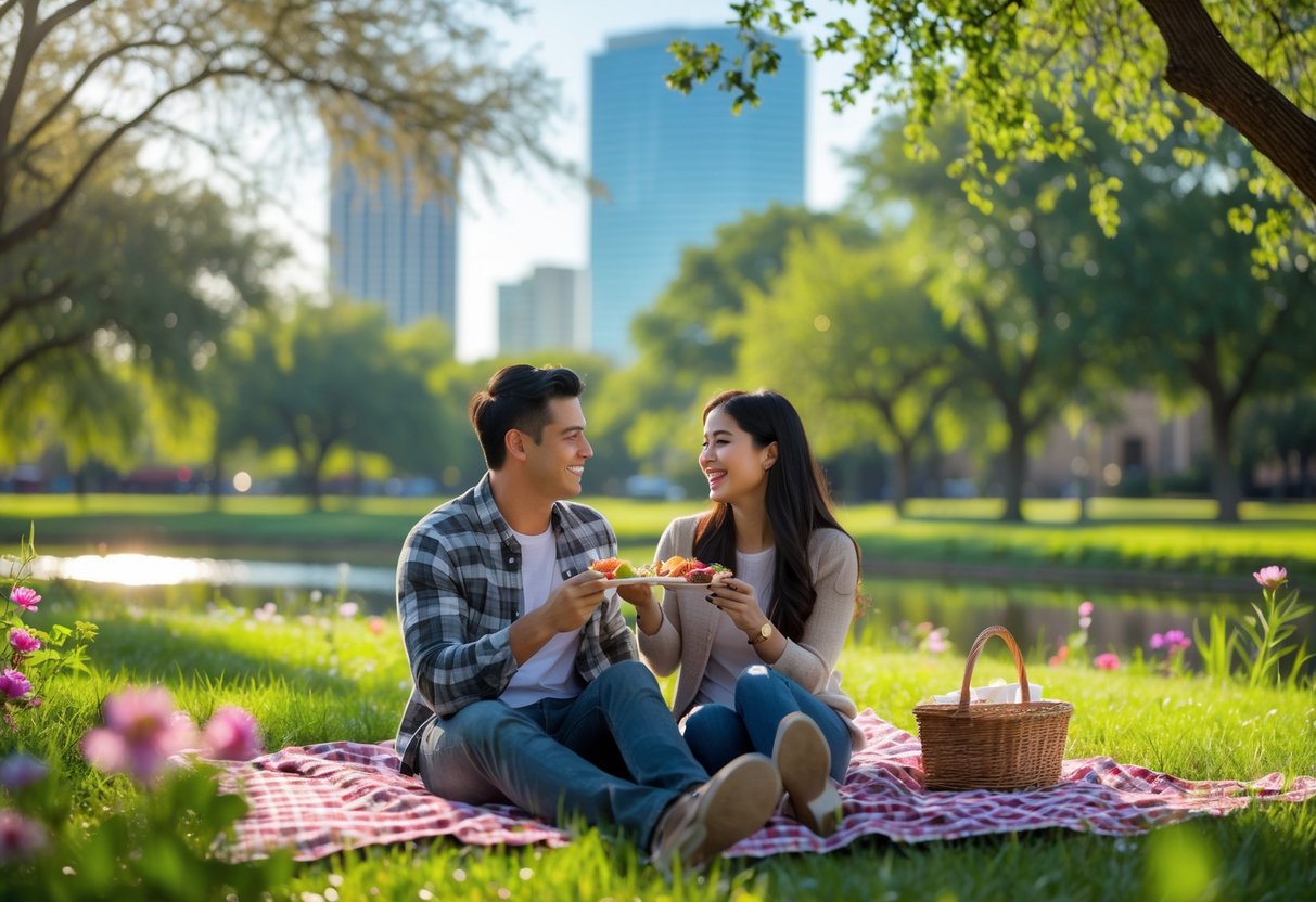 A young couple enjoying a picnic together in a green park with city buildings in the background.