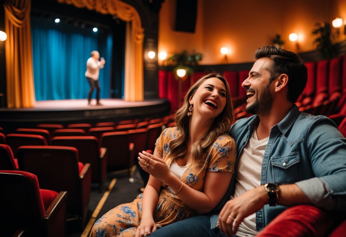 A couple laughing and enjoying a comedy show together inside a small theatre with a comedian performing on stage.