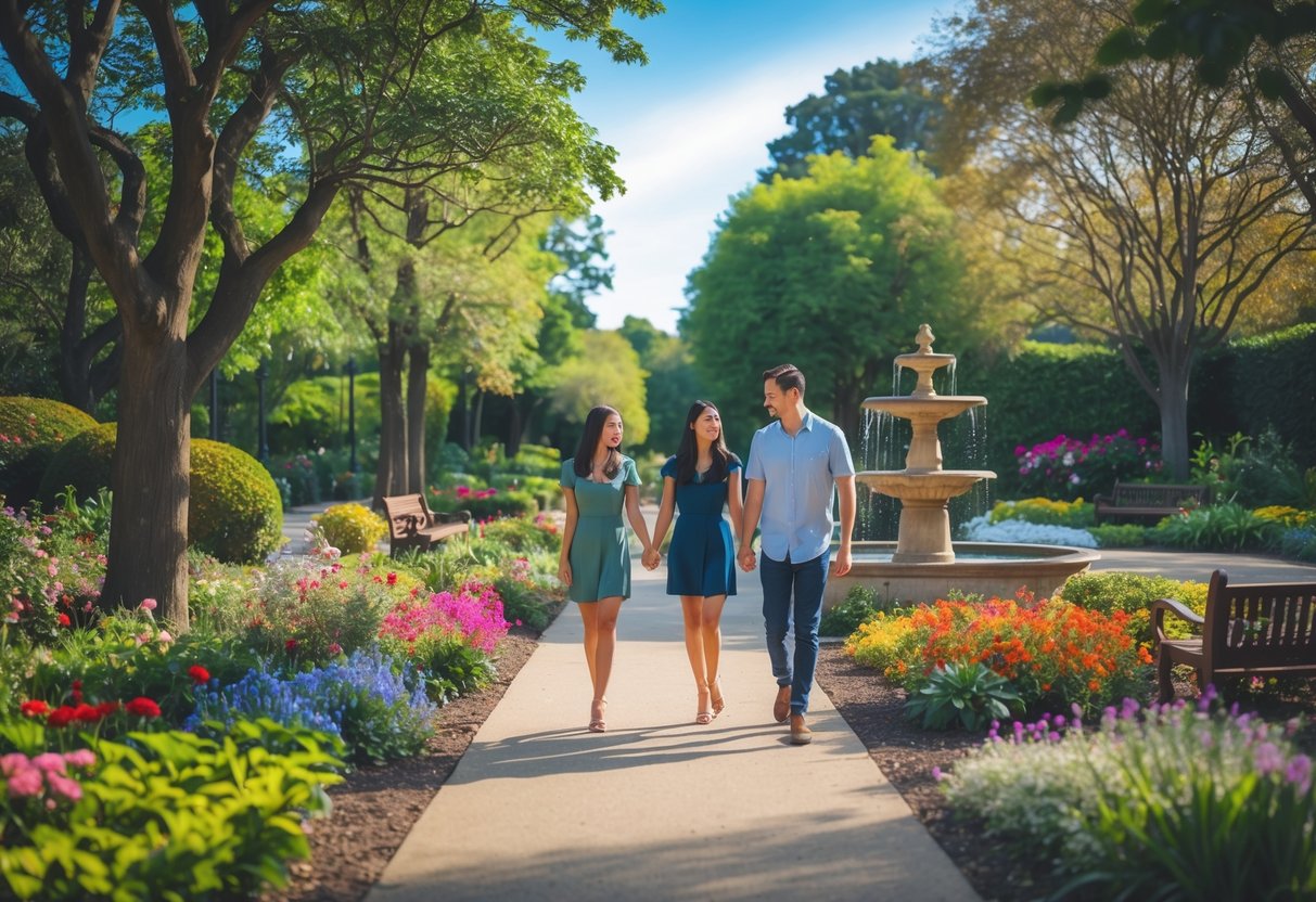 A young couple walking hand in hand along a flower-lined pathway in Paarl Botanical Gardens on a sunny day.
