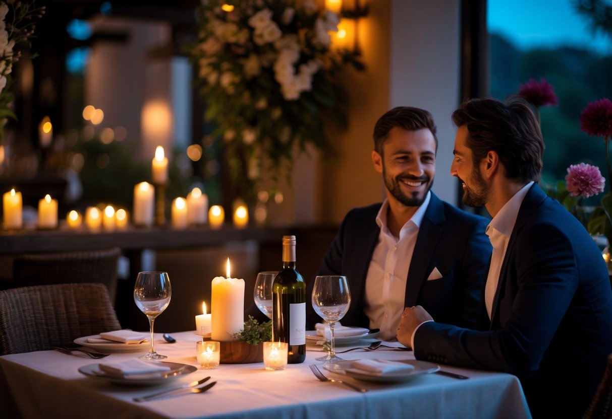 A couple enjoying a candlelit dinner at a small table in a cozy boutique restaurant.