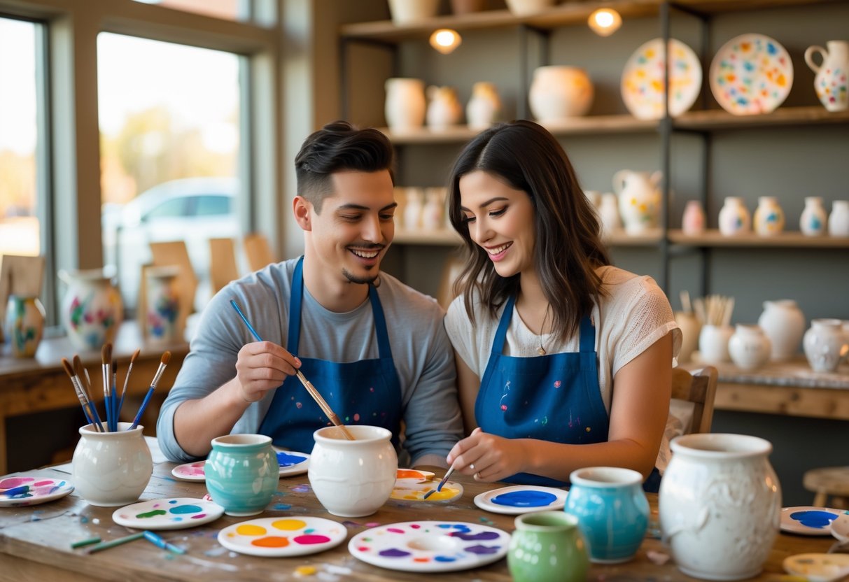 A young couple painting pottery together at a table in a bright pottery studio.