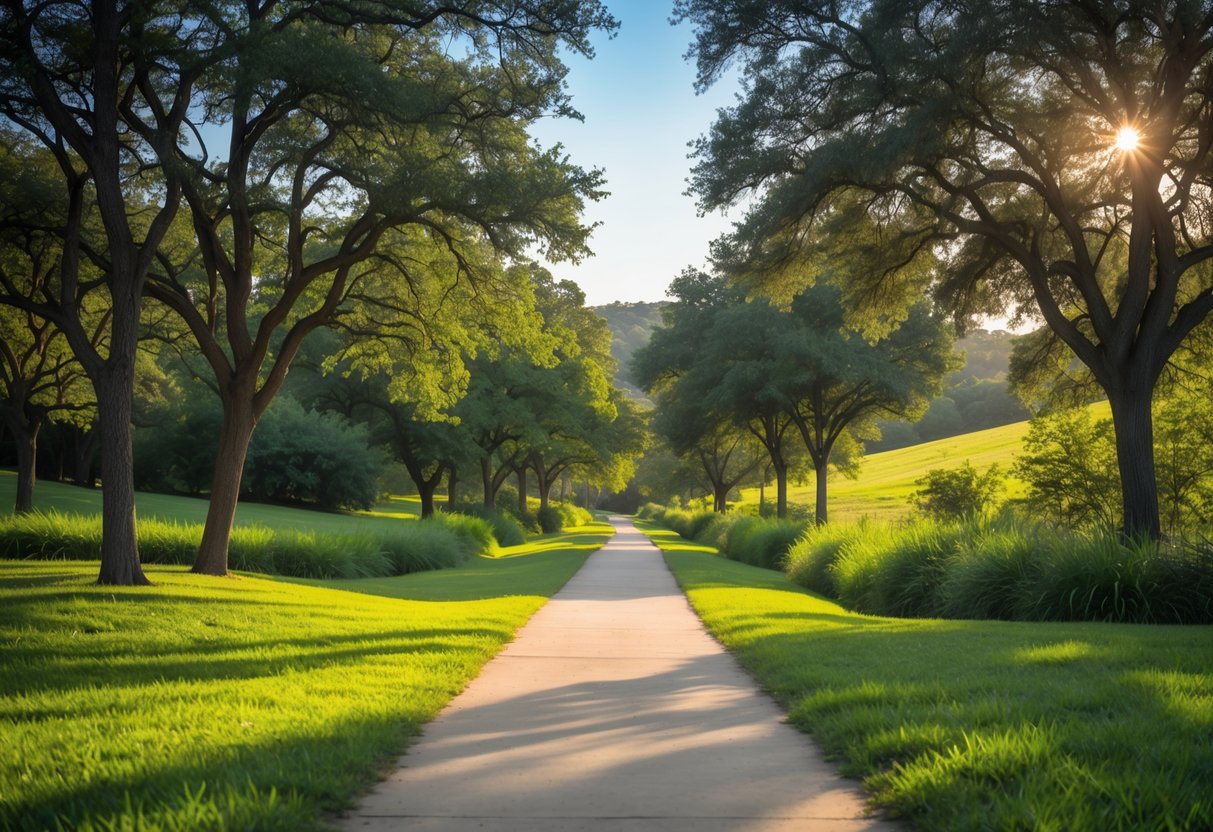 A winding walking trail surrounded by tall trees and green foliage at Arbor Hills Nature Preserve under a clear blue sky.