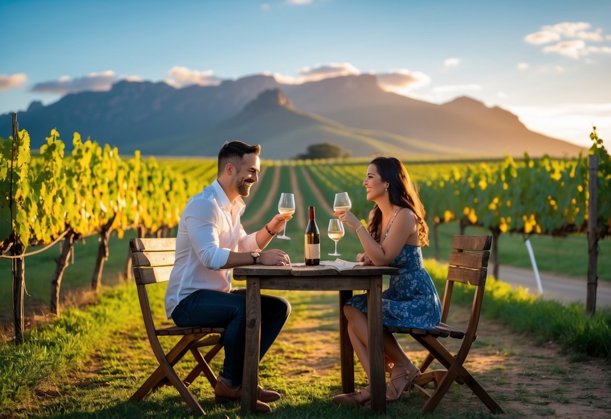 A couple enjoying a romantic date at a vineyard with mountains in the background during sunset.