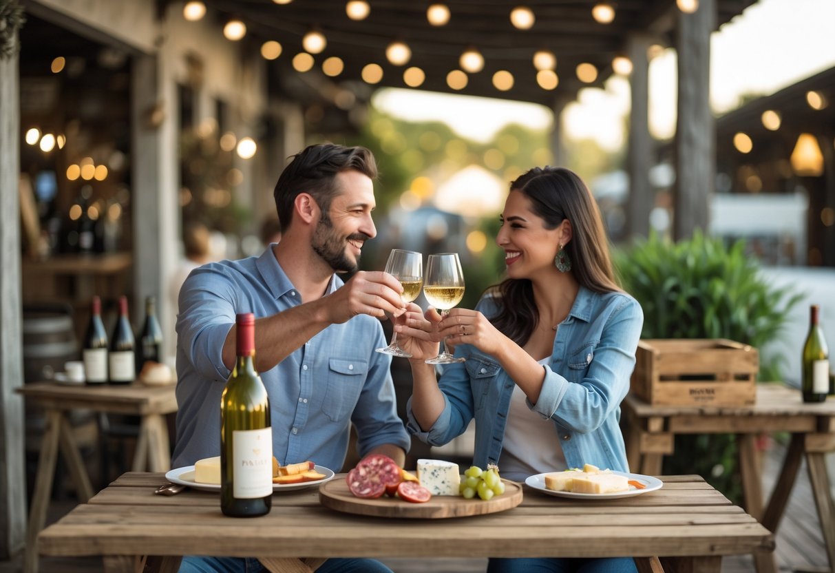 A couple sitting outdoors at a vintage marketplace, enjoying wine tasting together with glasses raised in a toast.