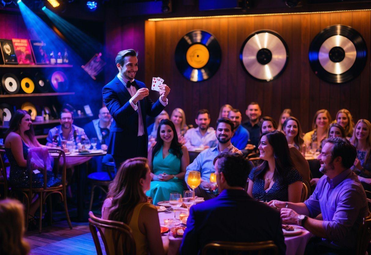 People watching a magician performing on stage at a music hall with colorful lights and a lively audience.